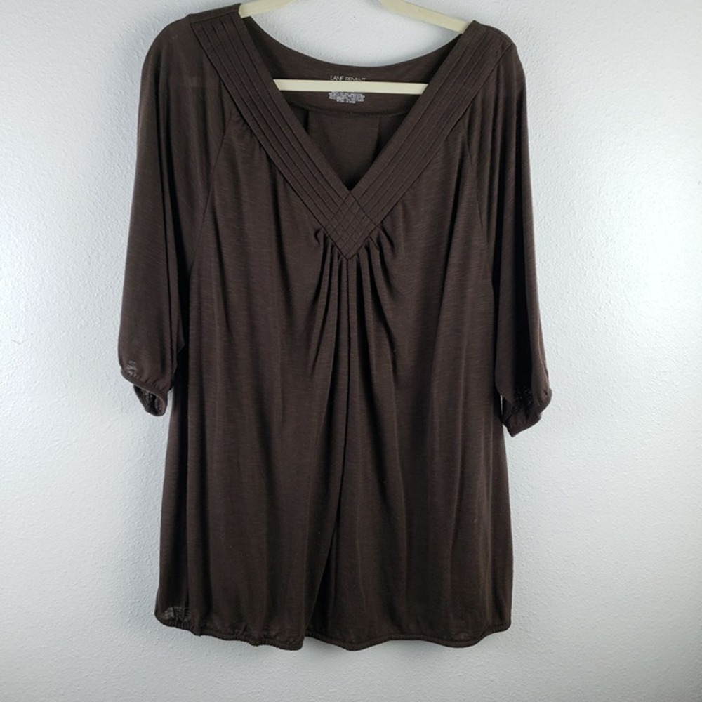 Lane Bryant‎ Women's Size 26/28 Brown Elbow Sleeve Vneck Swing Tee Ribbed Collar